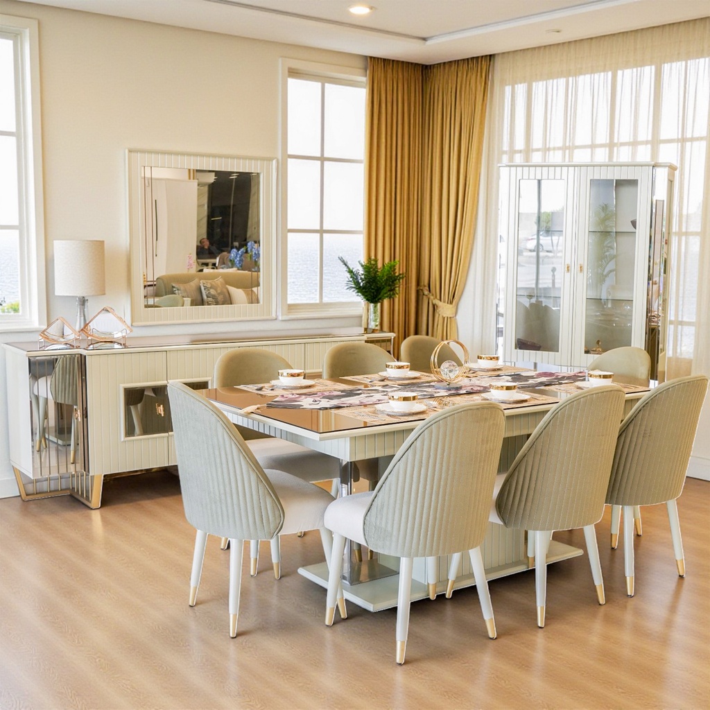 سفرة Valentino (فضية + دلسوار + طاولة 8 كراسي)