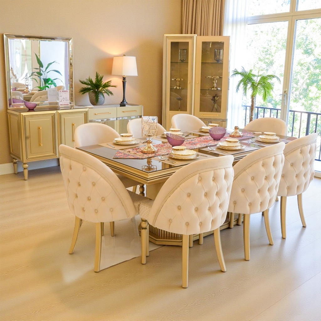 سفرة NILUVER (فضية + دلسوار + طاولة 8 كراسي)