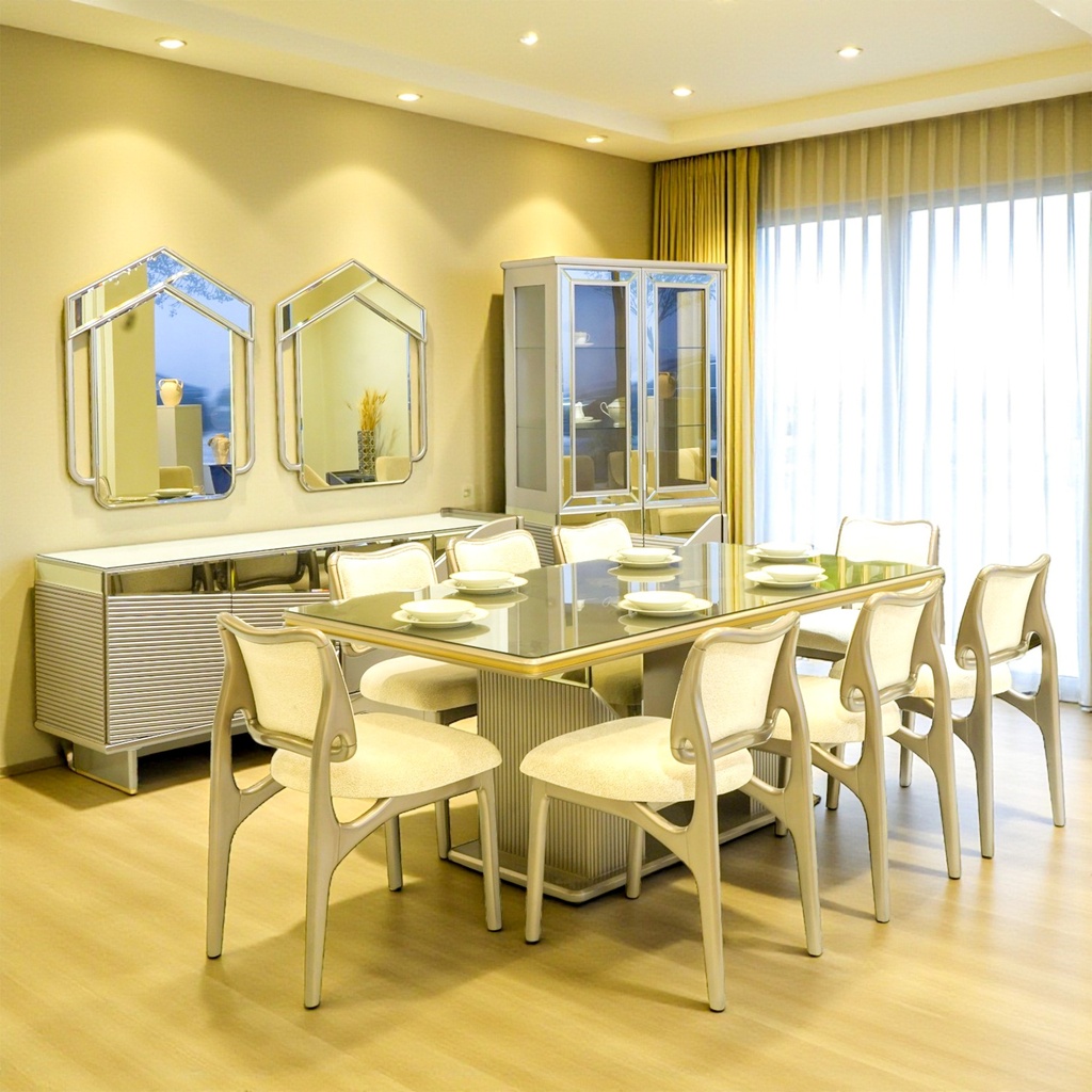 سفرة نيو كلاسيك DESIGN (فضية + دلسوار + 8كراسي)